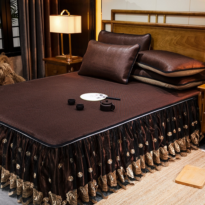 91家纺网 家纺一手货源 找家纺 网红馆（ck家纺） 2025新款冰藤席凉席席子床裙系列 玫瑰-古棕