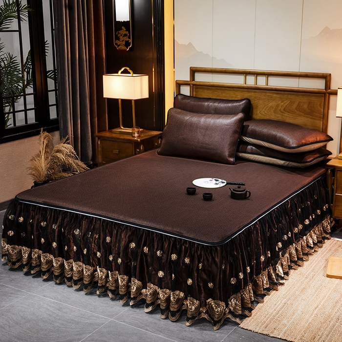 91家纺网 家纺一手货源 找家纺 网红馆（ck家纺） 2025新款冰藤席凉席席子床裙系列 玫瑰-古棕