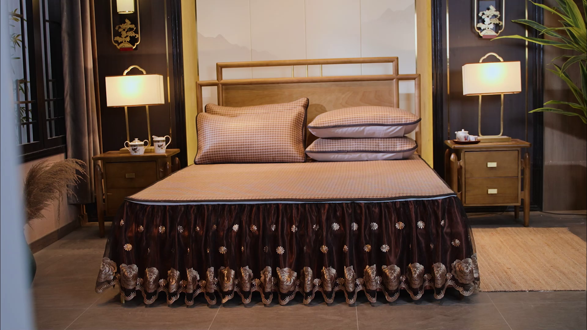 91家纺网 家纺一手货源 找家纺 网红馆（ck家纺） 2025新款冰藤席凉席席子床裙系列 玫瑰-古棕