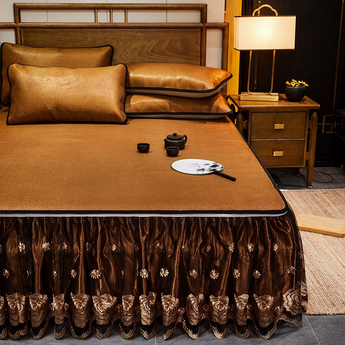 91家纺网 家纺一手货源 找家纺 网红馆（ck家纺） 2025新款冰藤席凉席席子床裙系列 玫瑰-藤黄