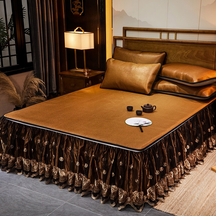 91家纺网 家纺一手货源 找家纺 网红馆（ck家纺） 2025新款冰藤席凉席席子床裙系列 玫瑰-藤黄