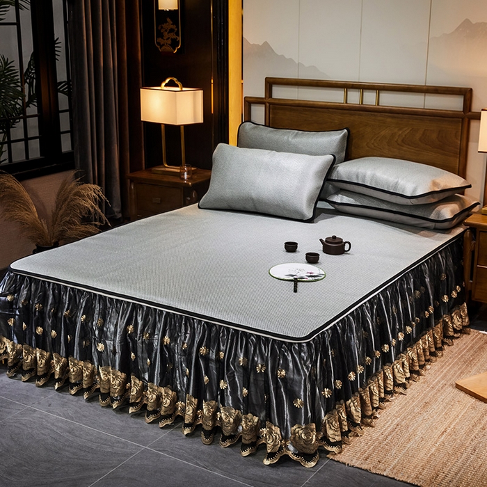 91家纺网 家纺一手货源 找家纺 网红馆（ck家纺） 2025新款冰藤席凉席席子床裙系列 玫瑰-星辰灰