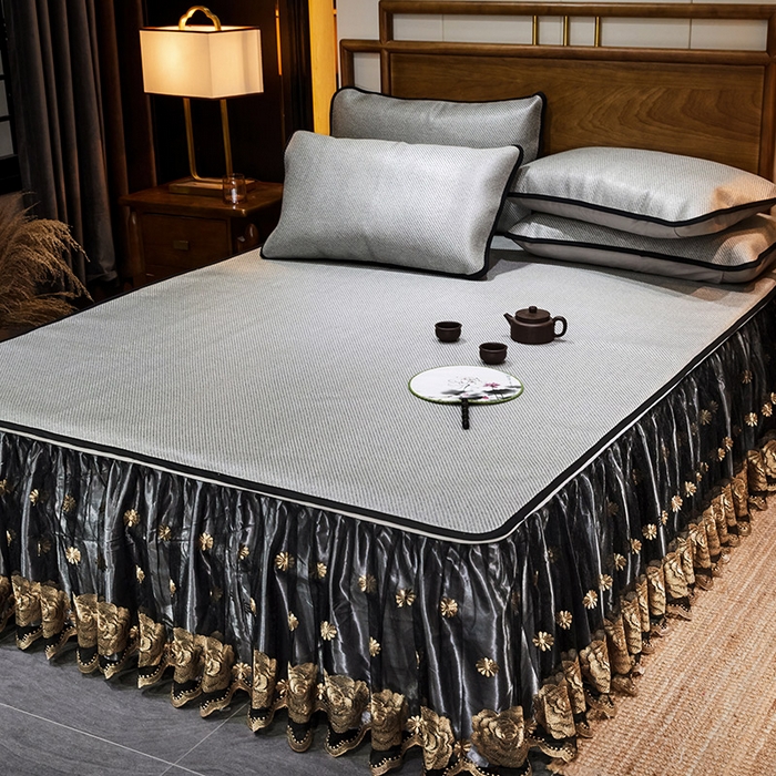 91家纺网 家纺一手货源 找家纺 网红馆（ck家纺） 2025新款冰藤席凉席席子床裙系列 玫瑰-星辰灰