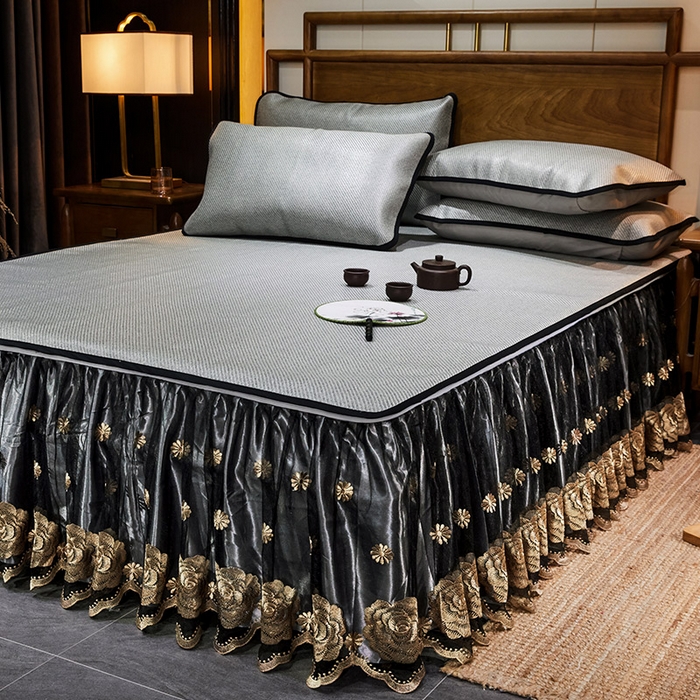 91家纺网 家纺一手货源 找家纺 网红馆（ck家纺） 2025新款冰藤席凉席席子床裙系列 玫瑰-星辰灰