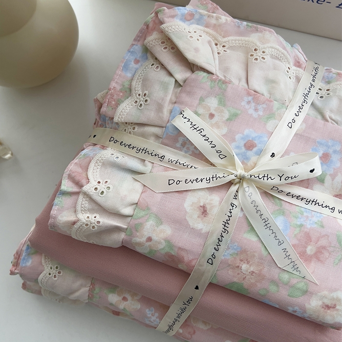 91家纺网 家纺一手货源 找家纺 优品阁 2025新款双层花边全棉双层纱四件套 花边款-余香