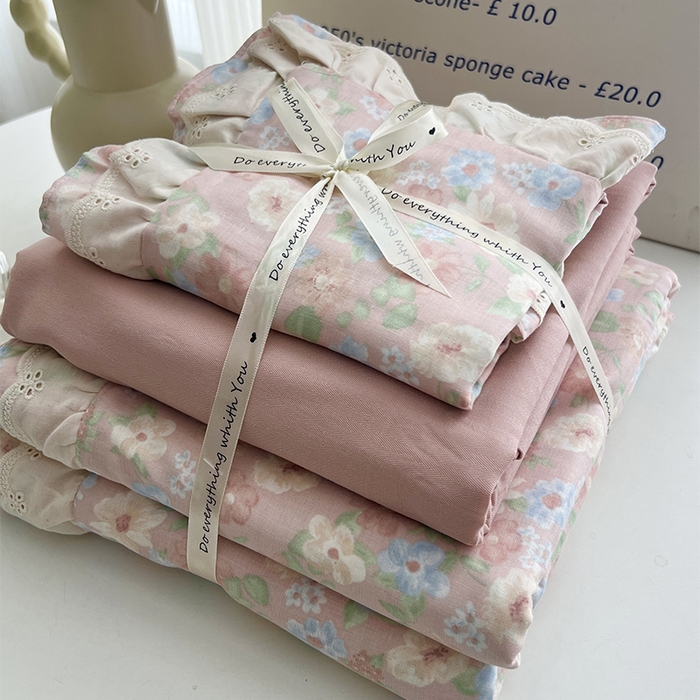 91家纺网 家纺一手货源 找家纺 优品阁 2025新款双层花边全棉双层纱四件套 花边款-余香