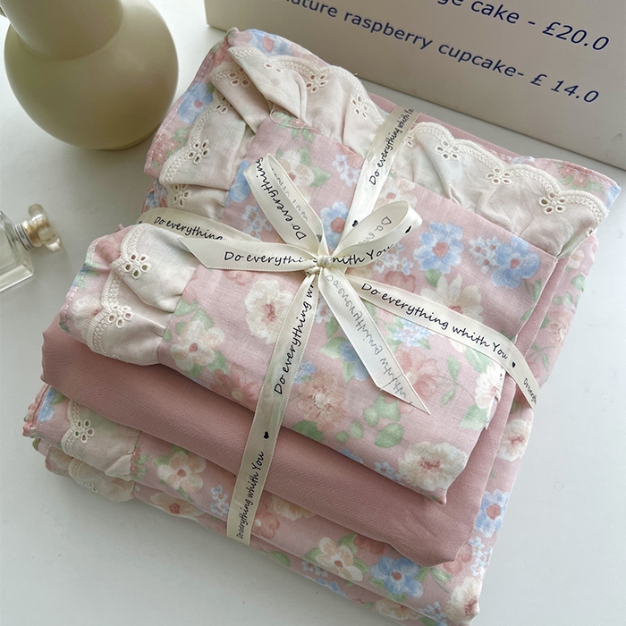 91家纺网 家纺一手货源 找家纺 优品阁 2025新款双层花边全棉双层纱四件套 花边款-余香