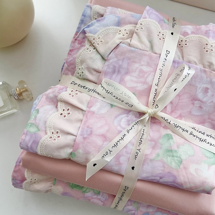 91家纺网 家纺一手货源 找家纺 优品阁 2025新款双层花边全棉双层纱四件套 花边款-亦然花语