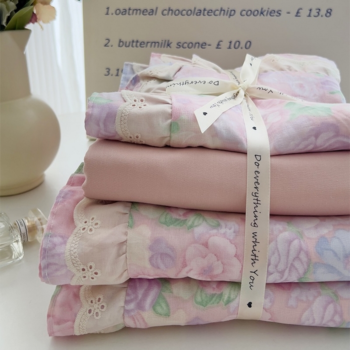 优品阁 2025新款双层花边全棉双层纱四件套 花边款-亦然花语