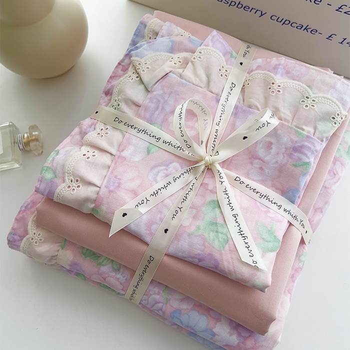 91家纺网 家纺一手货源 找家纺 优品阁 2025新款双层花边全棉双层纱四件套 花边款-亦然花语