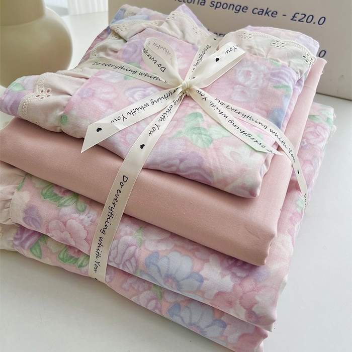 91家纺网 家纺一手货源 找家纺 优品阁 2025新款双层花边全棉双层纱四件套 花边款-亦然花语