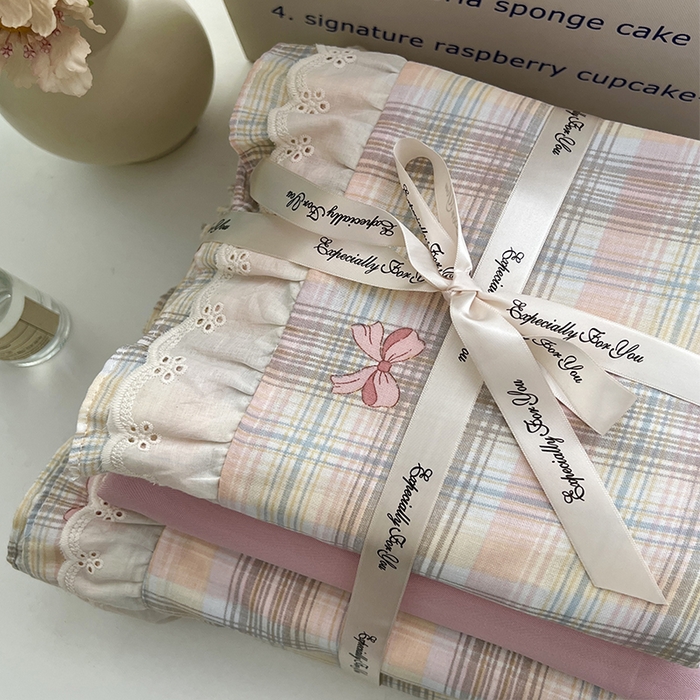 91家纺网 家纺一手货源 找家纺 优品阁 2025新款双层花边全棉双层纱四件套 花边款-蝴蝶飞飞