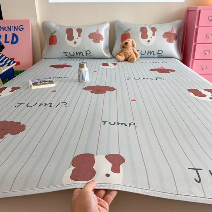 91家纺网 家纺一手货源 找家纺 萝莉家纺 2025新款升级900D加厚数码印花斜纹冰丝床席款凉席三件套 酷酷的狗