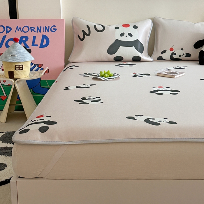 萝莉家纺 2025新款升级900D加厚数码印花斜纹冰丝床席款凉席三件套 苹果熊猫粉