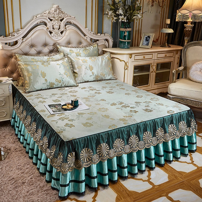 91家纺网 家纺一手货源 找家纺 网红馆（ck家纺） 2025新款色织提花冰丝凉席床裙款 花影飘香