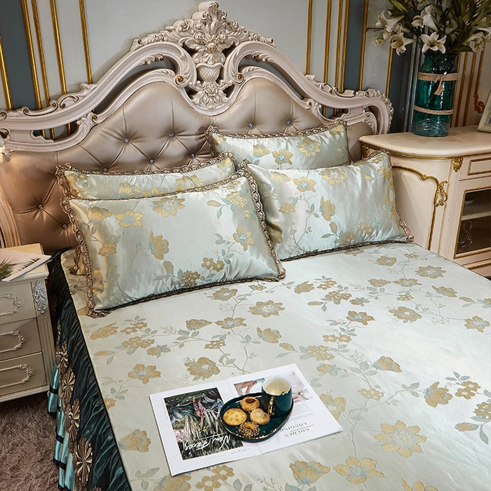 91家纺网 家纺一手货源 找家纺 网红馆（ck家纺） 2025新款色织提花冰丝凉席床裙款 花影飘香