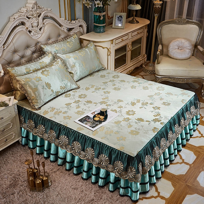 91家纺网 家纺一手货源 找家纺 网红馆（ck家纺） 2025新款色织提花冰丝凉席床裙款 花影飘香