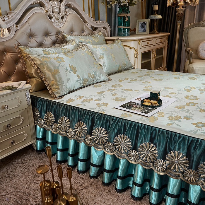 91家纺网 家纺一手货源 找家纺 网红馆（ck家纺） 2025新款色织提花冰丝凉席床裙款 花影飘香