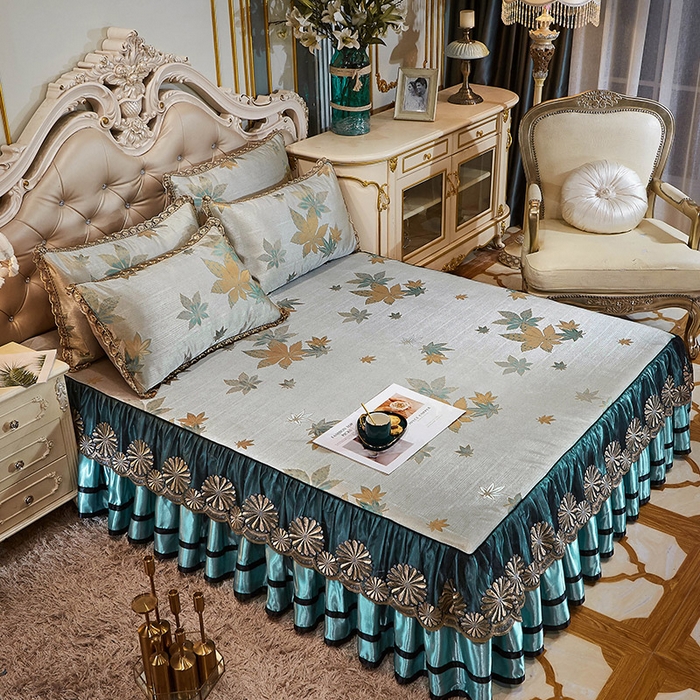 91家纺网 家纺一手货源 找家纺 网红馆（ck家纺） 2025新款色织提花冰丝凉席床裙款 华美悠然