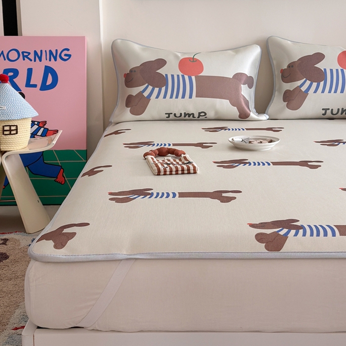 萝莉家纺 2025新款升级900D加厚数码印花斜纹冰丝床席款凉席三件套 玩具狗狗