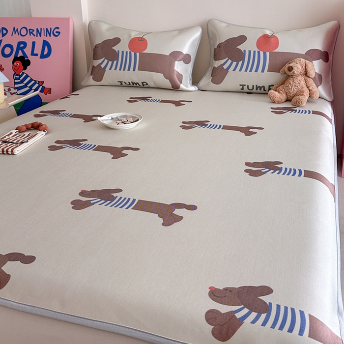 91家纺网 家纺一手货源 找家纺 萝莉家纺 2025新款升级900D加厚数码印花斜纹冰丝床席款凉席三件套 玩具狗狗