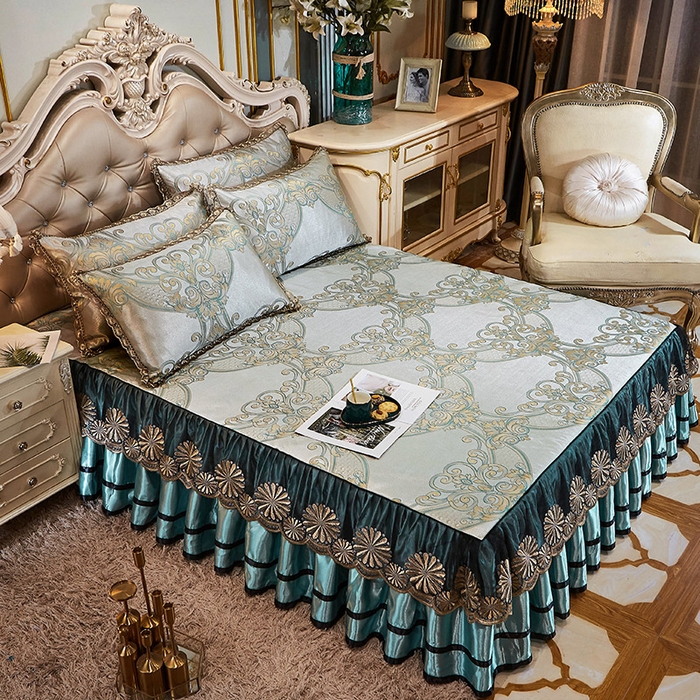 91家纺网 家纺一手货源 找家纺 网红馆（ck家纺） 2025新款色织提花冰丝凉席床裙款 佳人风格