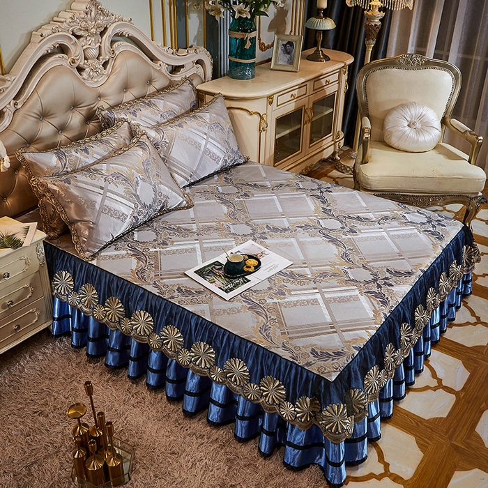 91家纺网 家纺一手货源 找家纺 网红馆（ck家纺） 2025新款色织提花冰丝凉席床裙款 欧陆风情