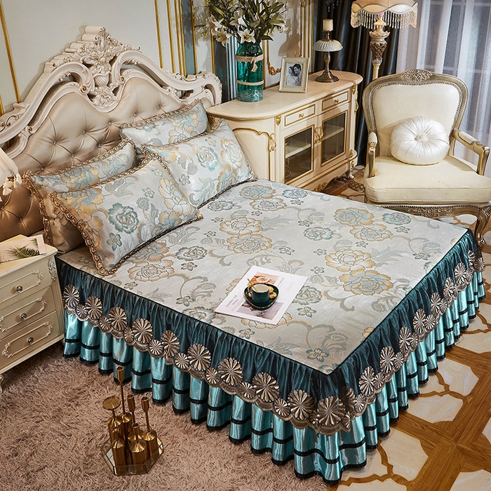 91家纺网 家纺一手货源 找家纺 网红馆（ck家纺） 2025新款色织提花冰丝凉席床裙款 喜乐年华