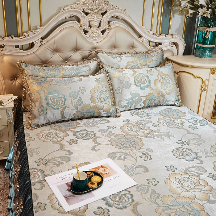 91家纺网 家纺一手货源 找家纺 网红馆（ck家纺） 2025新款色织提花冰丝凉席床裙款 喜乐年华