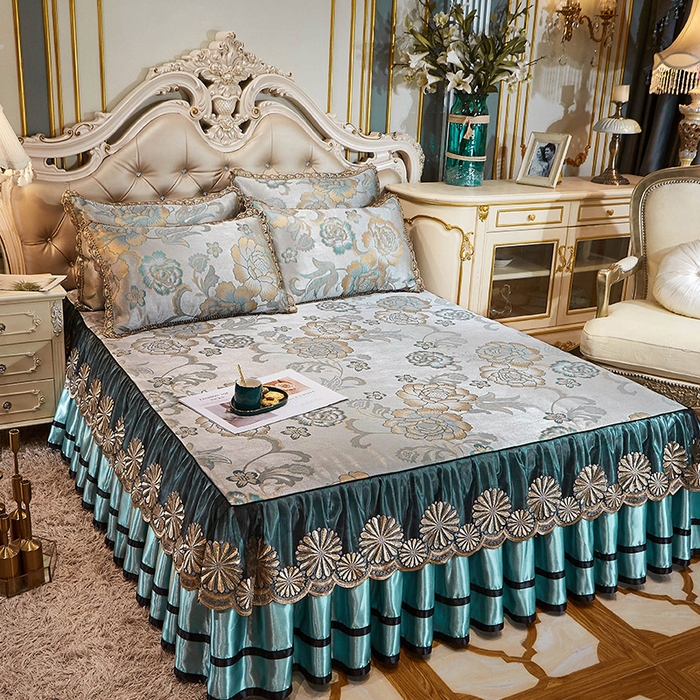 91家纺网 家纺一手货源 找家纺 网红馆（ck家纺） 2025新款色织提花冰丝凉席床裙款 喜乐年华