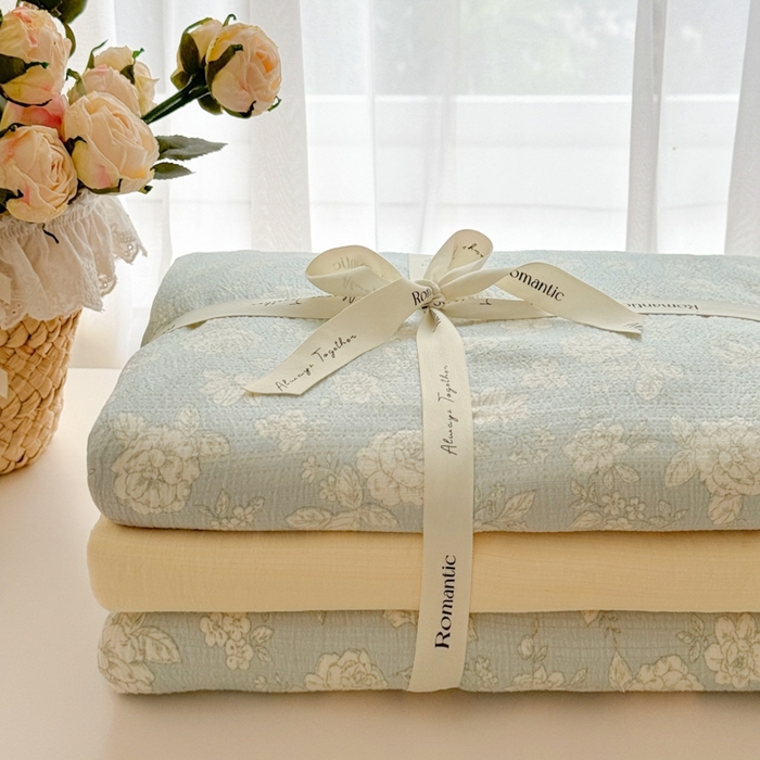 91家纺网 家纺一手货源 找家纺 海岛哥哥 2025新款高克重木棉提花双层纱四件套-风格一 茶花