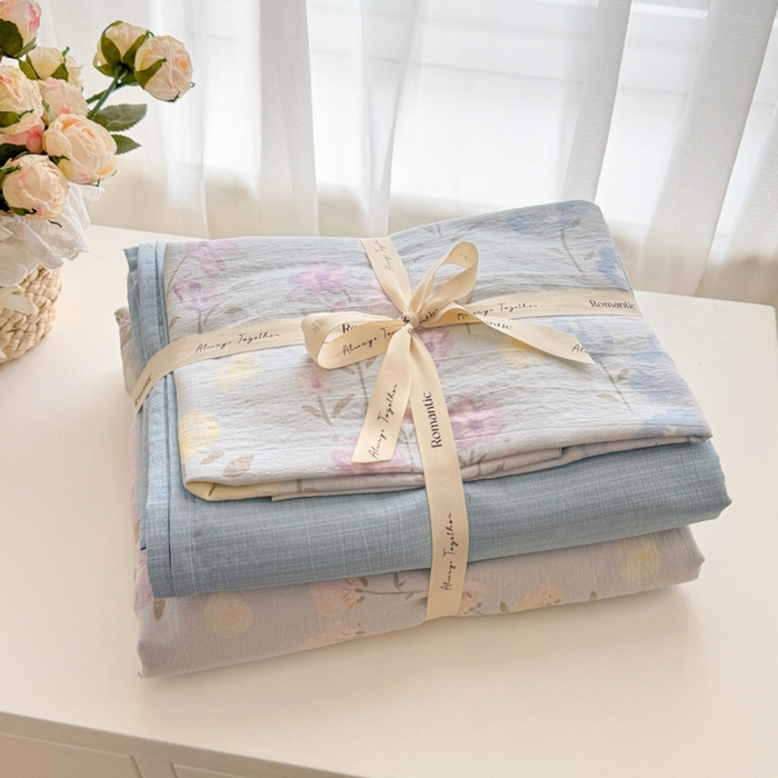 海岛哥哥 2025新款高克重木棉提花双层纱四件套-风格一 花开半夏-蓝