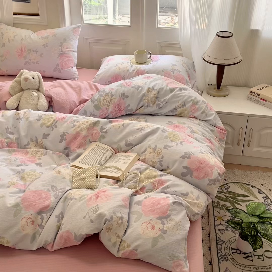 91家纺网 家纺一手货源 找家纺 海岛哥哥 2025新款高克重木棉提花双层纱四件套-风格一 花梦如烟