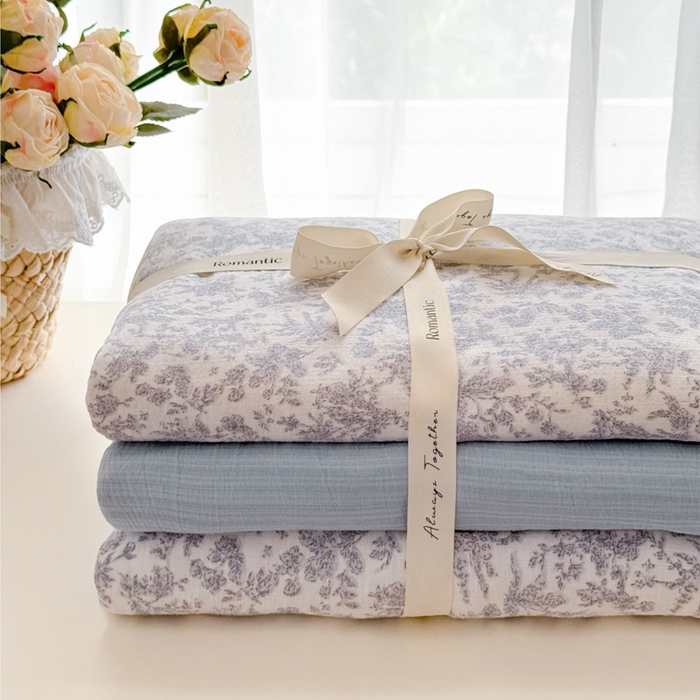 91家纺网 家纺一手货源 找家纺 海岛哥哥 2025新款高克重木棉提花双层纱四件套-风格一 蓝枝语