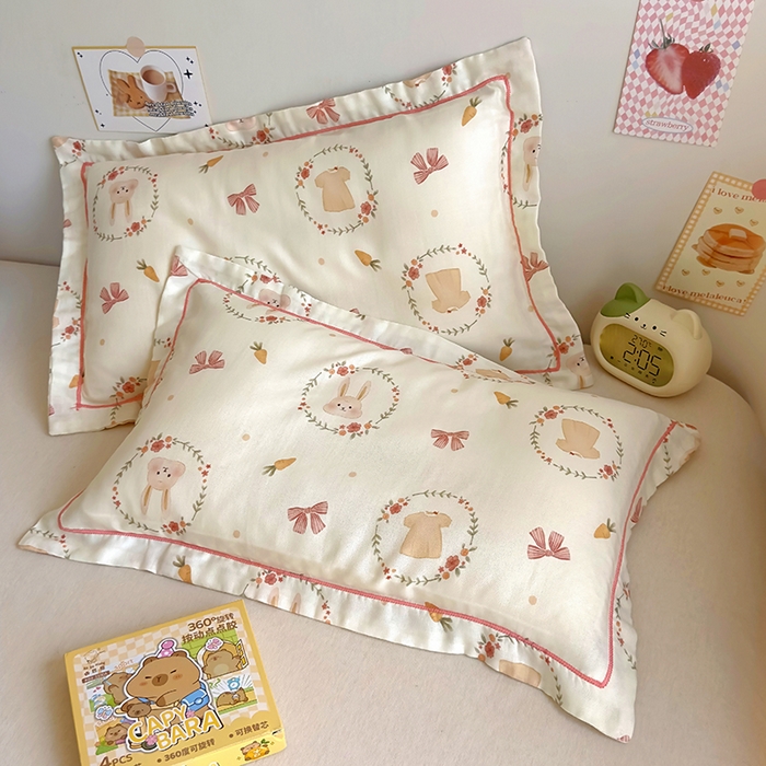 91家纺网 家纺一手货源 找家纺 百寐 2025新款竹纤维棉卡通儿童枕套30×50/35×55母婴A类宝宝枕套再生纤维 花环兔