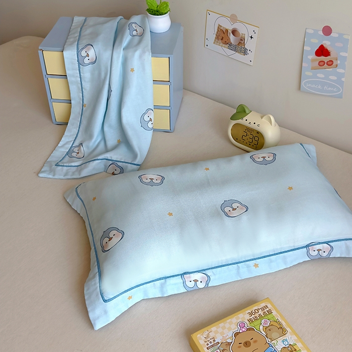 91家纺网 家纺一手货源 找家纺 百寐 2025新款竹纤维棉卡通儿童枕套30×50/35×55母婴A类宝宝枕套再生纤维 蓝企鹅
