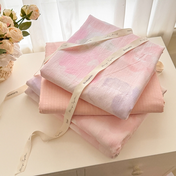 91家纺网 家纺一手货源 找家纺 海岛哥哥 2025新款高克重木棉提花双层纱四件套-风格一 轻轻密语