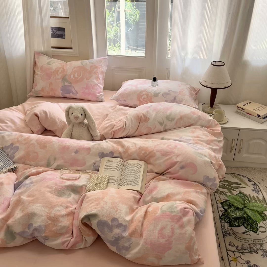 91家纺网 家纺一手货源 找家纺 海岛哥哥 2025新款高克重木棉提花双层纱四件套-风格一 轻轻密语