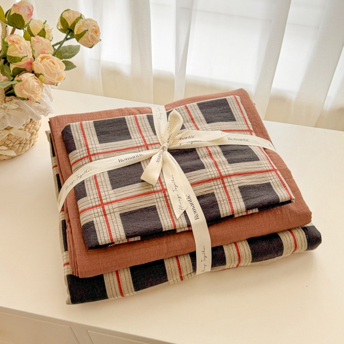 海岛哥哥 2025新款高克重木棉提花双层纱四件套-风格一 素简格