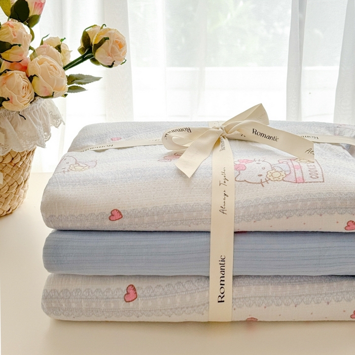 91家纺网 家纺一手货源 找家纺 海岛哥哥 2025新款高克重木棉提花双层纱四件套-风格一 糖果小咪