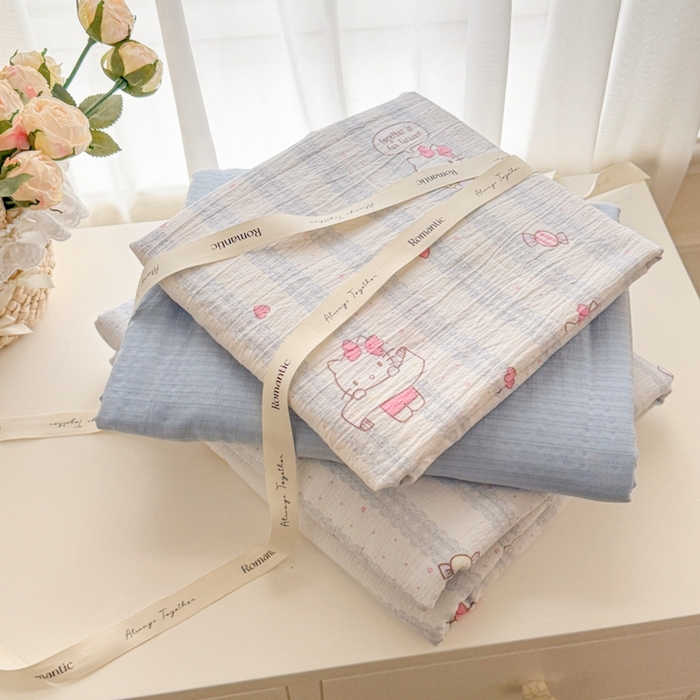 91家纺网 家纺一手货源 找家纺 海岛哥哥 2025新款高克重木棉提花双层纱四件套-风格一 糖果小咪