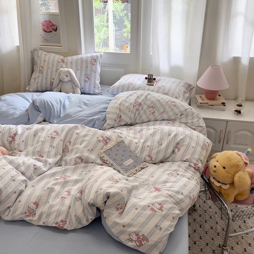 91家纺网 家纺一手货源 找家纺 海岛哥哥 2025新款高克重木棉提花双层纱四件套-风格一 糖果小咪