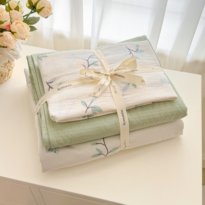 海岛哥哥 2025新款高克重木棉提花双层纱四件套-风格一 恬趣-绿