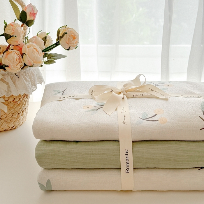 91家纺网 家纺一手货源 找家纺 海岛哥哥 2025新款高克重木棉提花双层纱四件套-风格一 恬趣-绿