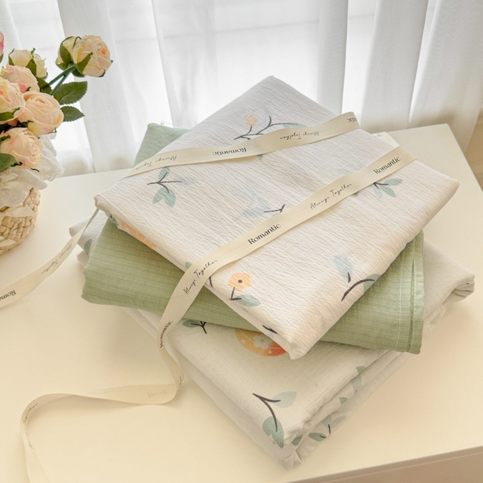 91家纺网 家纺一手货源 找家纺 海岛哥哥 2025新款高克重木棉提花双层纱四件套-风格一 恬趣-绿