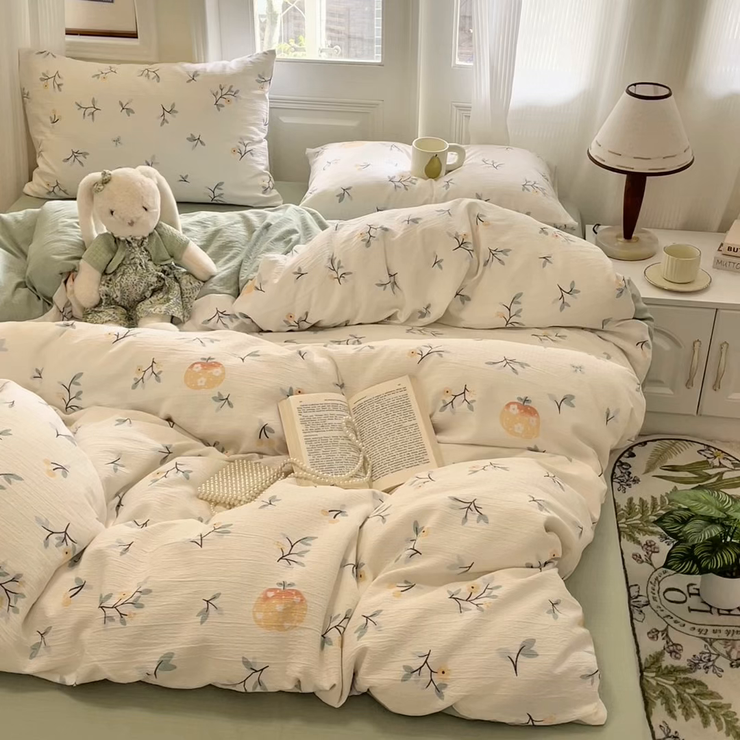 91家纺网 家纺一手货源 找家纺 海岛哥哥 2025新款高克重木棉提花双层纱四件套-风格一 恬趣-绿