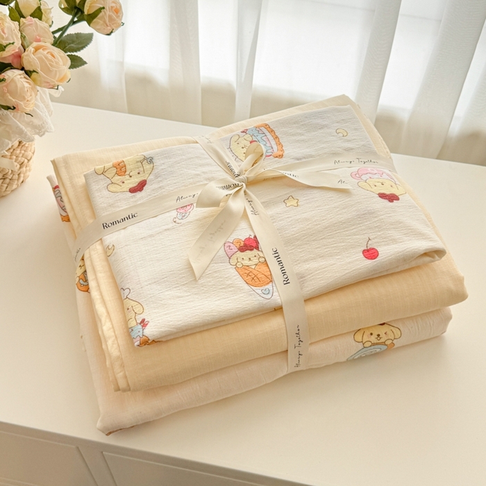 海岛哥哥 2025新款高克重木棉提花双层纱四件套-风格一 甜甜布丁