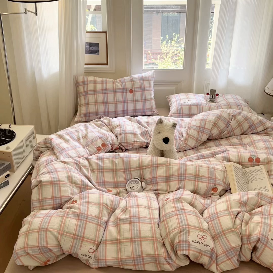 91家纺网 家纺一手货源 找家纺 海岛哥哥 2025新款高克重木棉提花双层纱四件套-风格一 甜甜樱桃