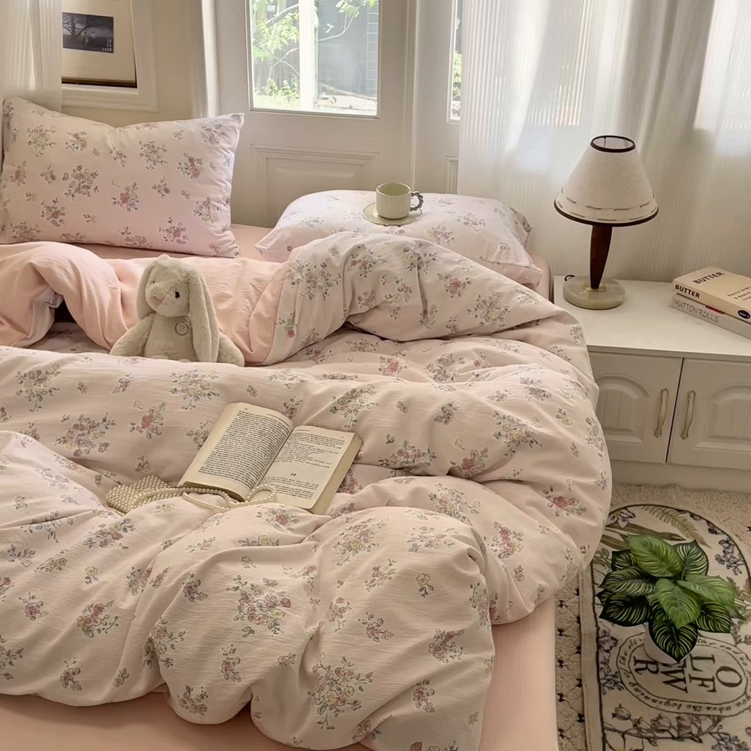 91家纺网 家纺一手货源 找家纺 海岛哥哥 2025新款高克重木棉提花双层纱四件套-风格一 甜心香草