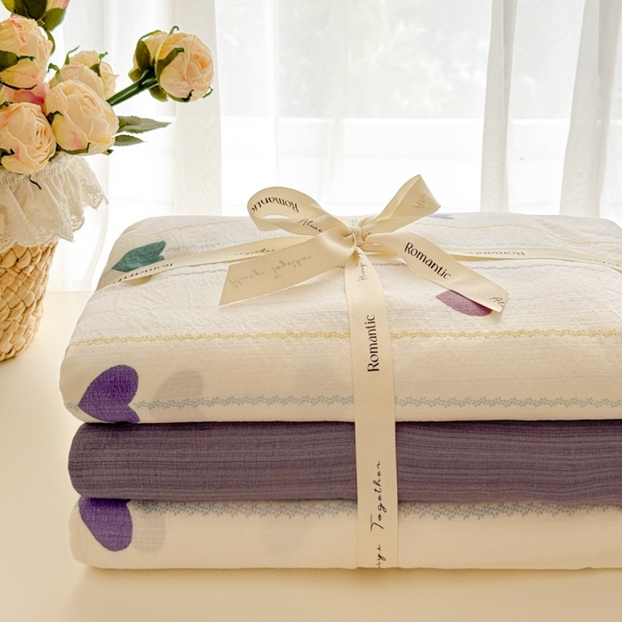 91家纺网 家纺一手货源 找家纺 海岛哥哥 2025新款高克重木棉提花双层纱四件套-风格一 小心心